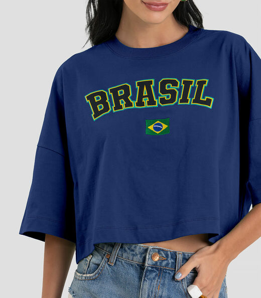 T- Shirt Feminina em Meia Malha Brasil Dianna Azul