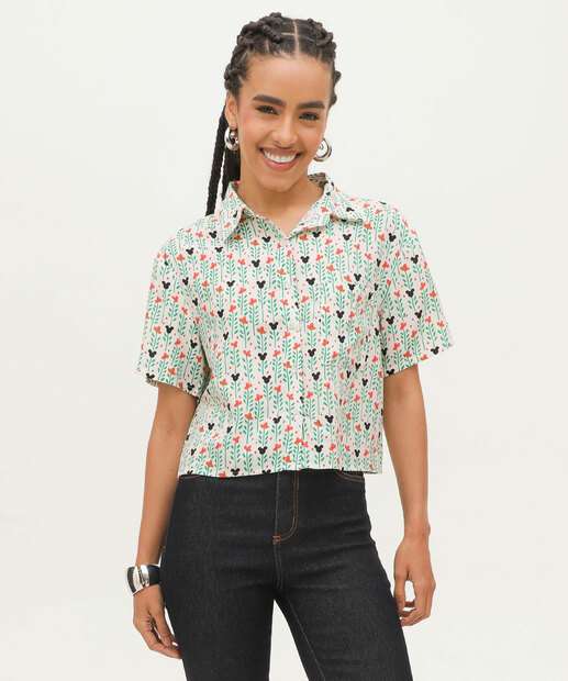 Camisa Cropped Feminina Mickey Manga Curta Disney