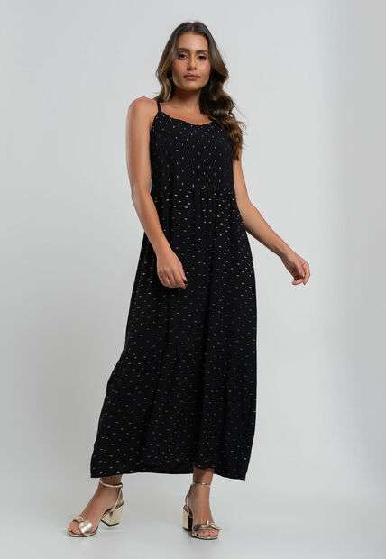 Vestido Midi Viscose Babado Com Lurex Preto Salvatore Fashion