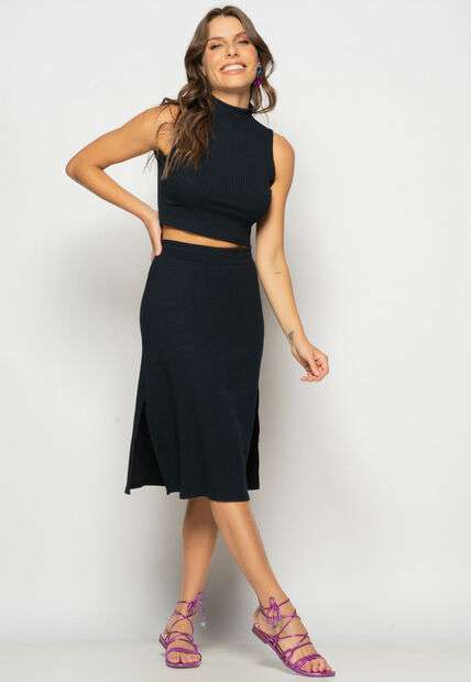 Conjunto Cropped Regata E Saia Midi Malha Canelada Preto Salvatore