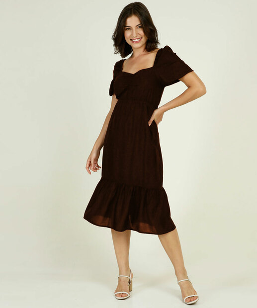 Vestido Midi Feminino Babados Manga Curta Marisa