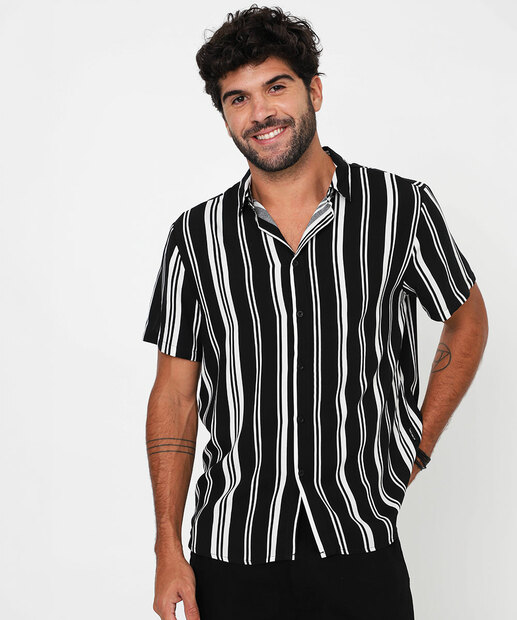 Image_Camisa Masculina Listrada Viscose Manga Curta MR Preto