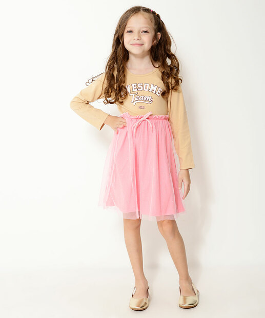 Vestido Infantil Manga Longa Tule Tam 4 a 10