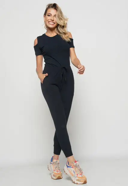 Conjunto  Comfy Com Blusa Ombro Vazado e Jogger Canelada Preto Salvatore Fashion