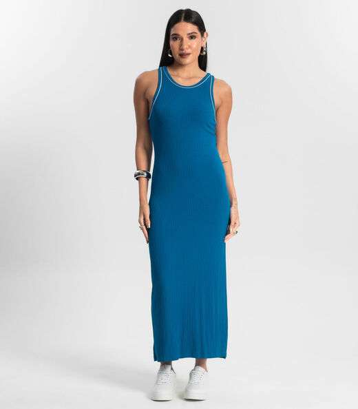 Vestido Midi sem Manga Ribana Canelada Azul