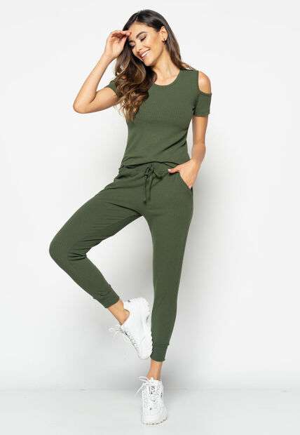 Image_Conjunto  Comfy Com Blusa Ombro Vazado e Jogger Canelada Verde Salvatore Fashion