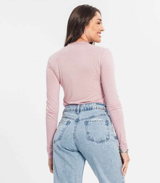 Blusa Manga Longa Decote V Básica Select Rosa