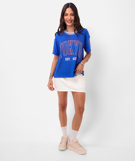 Camiseta Feminina Oversized Estampada Marisa Azul