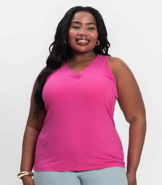 Regata Plus Size Em Ribana Canelada Secret Glam Rosa