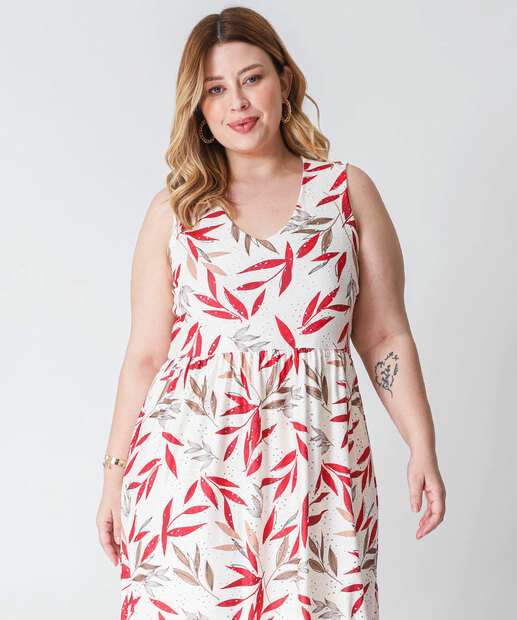 Vestido Plus Size Feminino Laise Folhas Marisa Off White