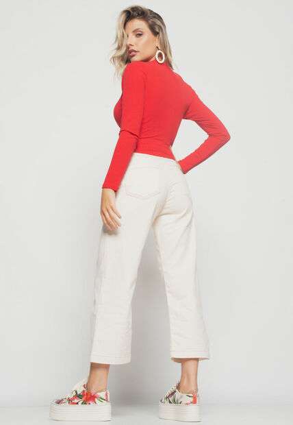 Cropped  Nó Manga Longa Canelada Vermelho Salvatore Fashion