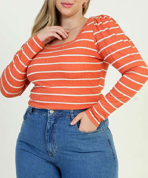 Blusa Plus Size Feminina Canelada Listrada Manga Longa
