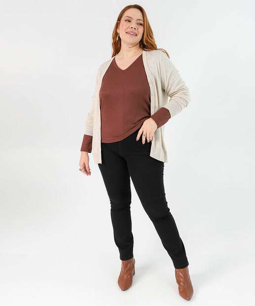 Cardigan Plus Size Feminino Tricô Mescla Marisa Bege