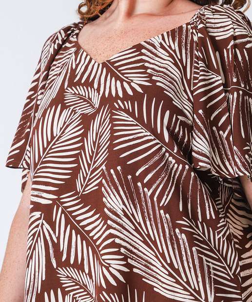 Vestido Plus Size Feminino Folhas Manga Curta Marisa Marrom