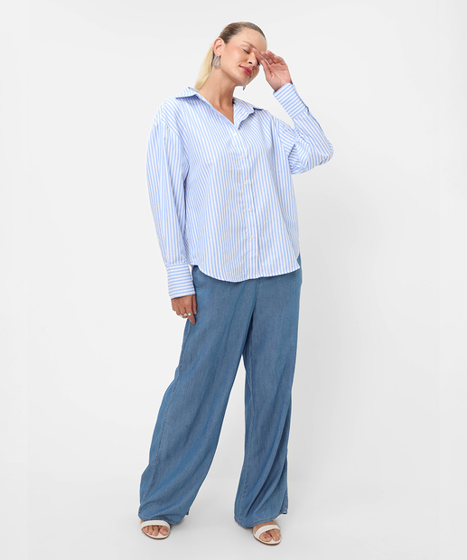 Camisa Feminina Listrada Manga Longa Marisa Azul