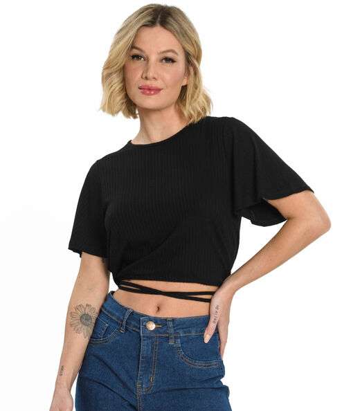 Blusa Feminina Canelada Com Amarração Rovitex Preto