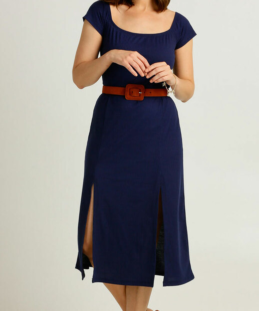 Vestido Feminino Midi Canelado Manga Curta 