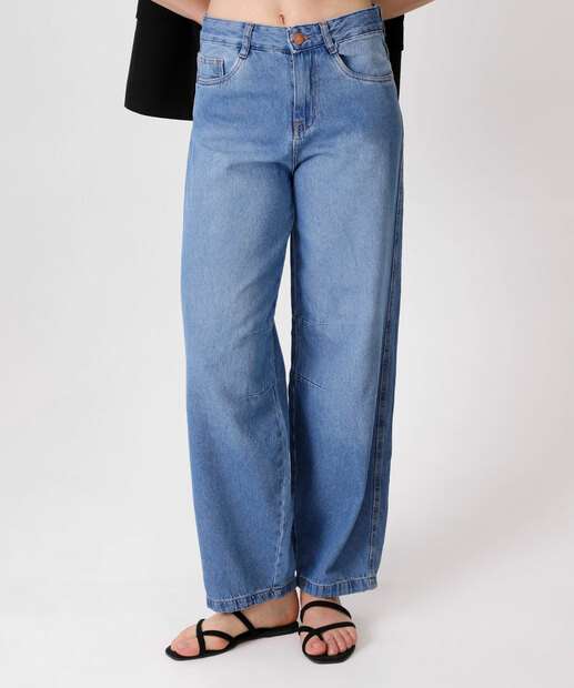 Calça Jeans Barrel Feminina Bolsos
