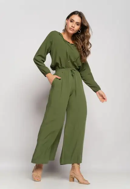 Blusa Gola V Manga Longa Viscolinho Verde Salvatore