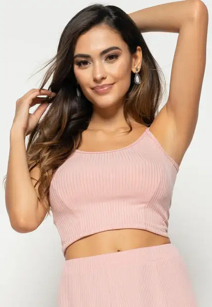 Cropped  Alça Fina Canelado Rosa Claro Salvatore Fashion