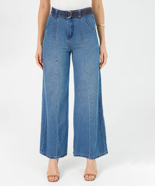 Calça Jeans Feminina Pantalona com Cinto Marisa