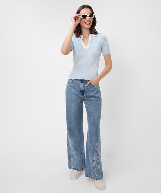 Image_Calça Wide Leg Bordado Feminina Jeans Marisa Azul