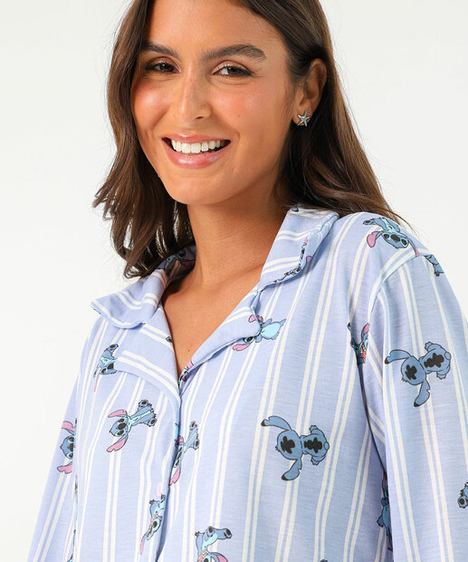 Pijama Americano Feminino Stitch Disney Azul