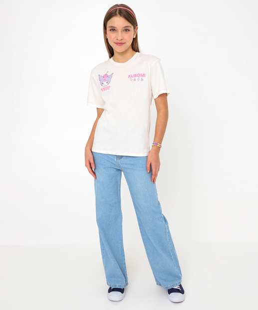 Blusa Juvenil Manga Curta Kuromi Sanrio Tam 10 a 16 Off White