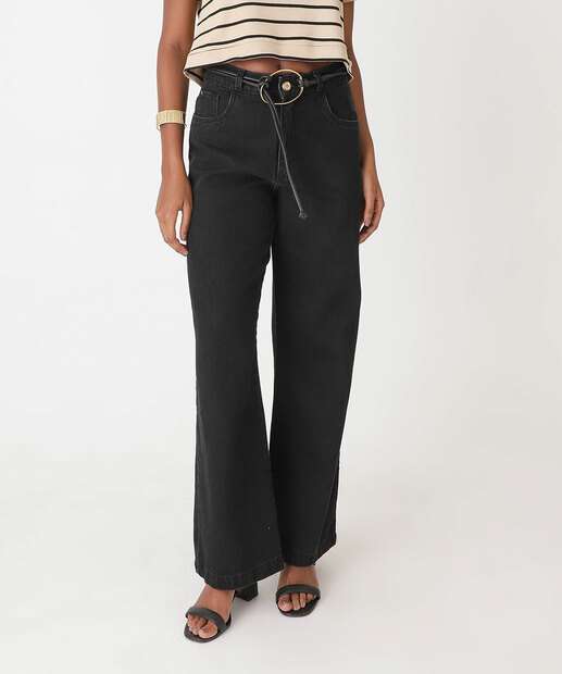 Calça Jeans Wide Leg Cinto Feminina Marisa Preto