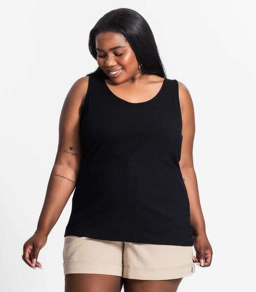 Regata Plus Size Em Ribana Canelada Secret Glam Preto