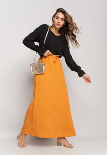 Blusa Gola V Manga Babado Viscolinho Preto Salvatore