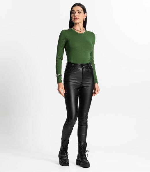 Blusa Manga Longa Decote V Básica Select Verde