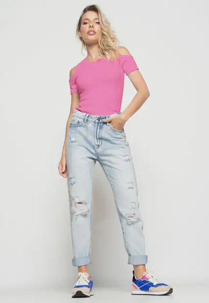 Blusa  Ombro Vazado Manga Curta Canelado Rosa