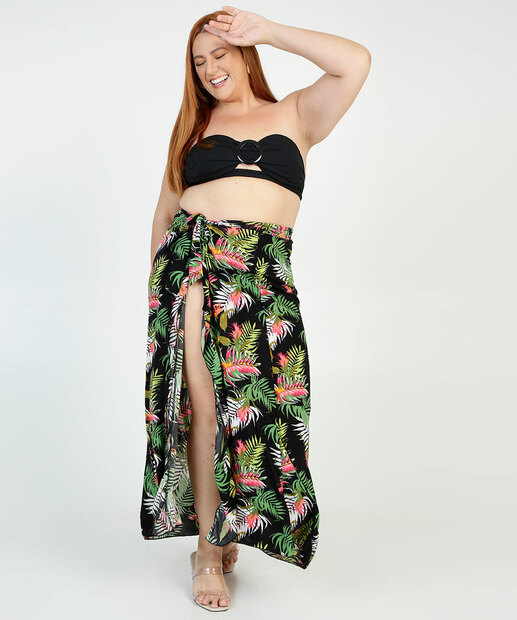 Saída De Praia Plus Size Saia Pareô Liganete Folhas Amarração 