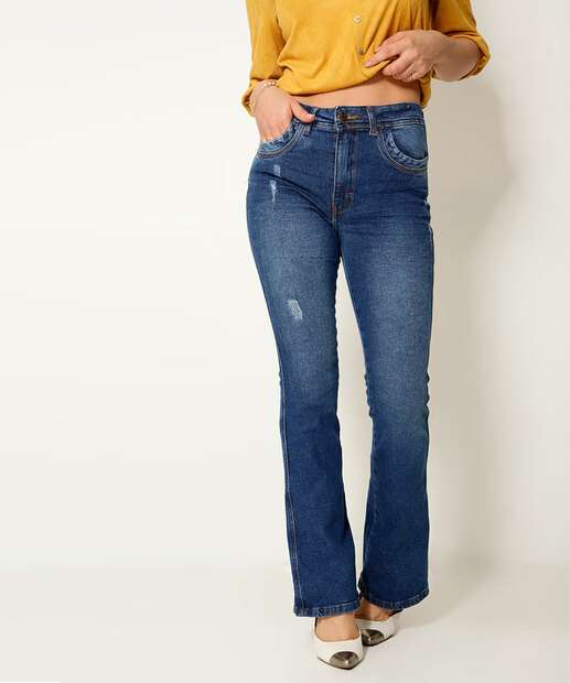 Calça Jeans Puídos Flare Feminina Bolsos