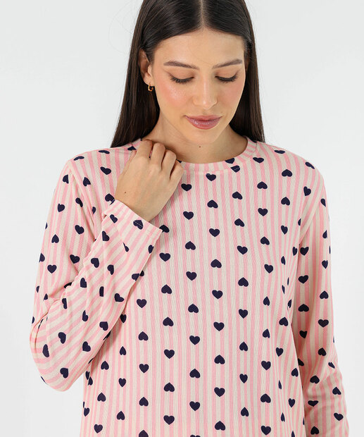 Pijama Feminino Tricô Listrado Coração Marisa Off White