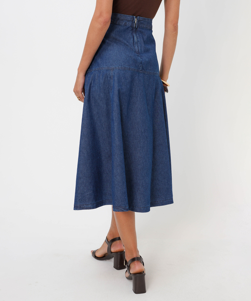 Saia Midi Jeans Evasê Feminina Marisa Azul