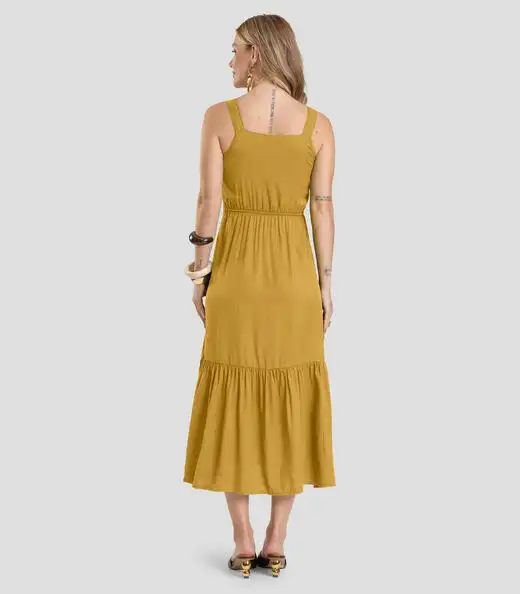 Vestido Midi em Viscose Rajada Dianna Amarelo