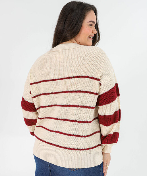  Blusa Plus Size Tricot Listrada com Gola Polo Marisa