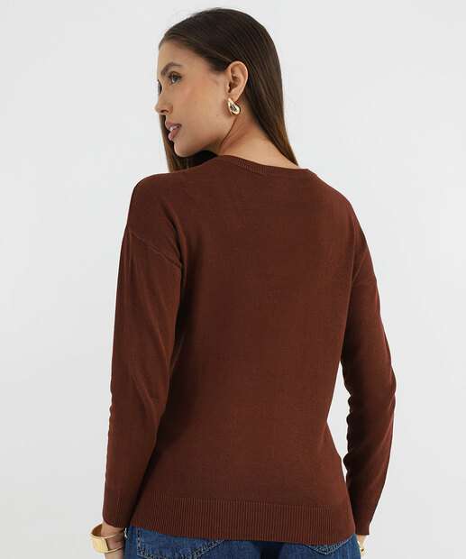 Suéter Feminino Decote V Nervura Marisa Marrom