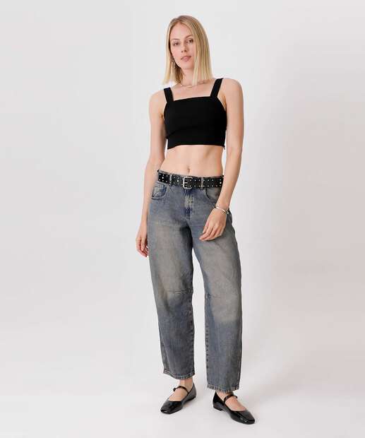 Calça Jeans Barrel Feminina Bolsos Marisa