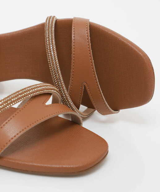 Sandália Feminina Salto Grosso Strass Moleca Caramelo