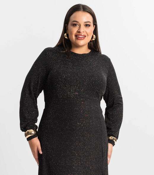 Vestido Midi Plus Size Manga Longa Secret Glam Preto