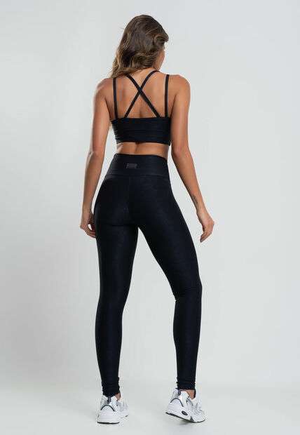 Calça Legging Suplex Canelada Brilho Básica Preto Salvatore Fashion