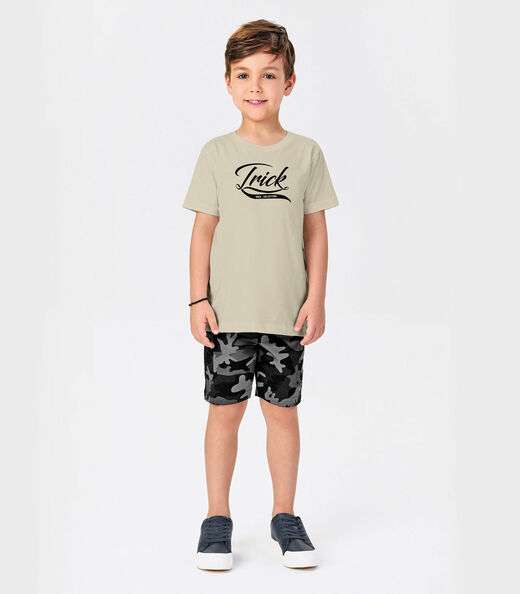 Conjunto Menino Camiseta Com Bermuda Trick Nick Bege