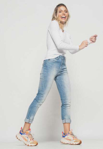 Blusa  Básica Manga Longa e Gola Redonda Canelada Branco Salvatore Fashion