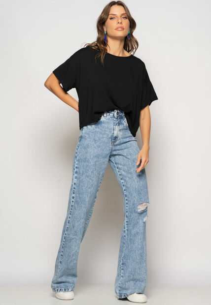 Cropped Amplo Manga Curta Malha Preto Salvatore