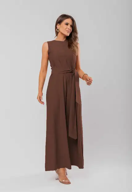 Macacão Regata Feminino Alfaiataria Pantalona Marrom Salvatore Fashion