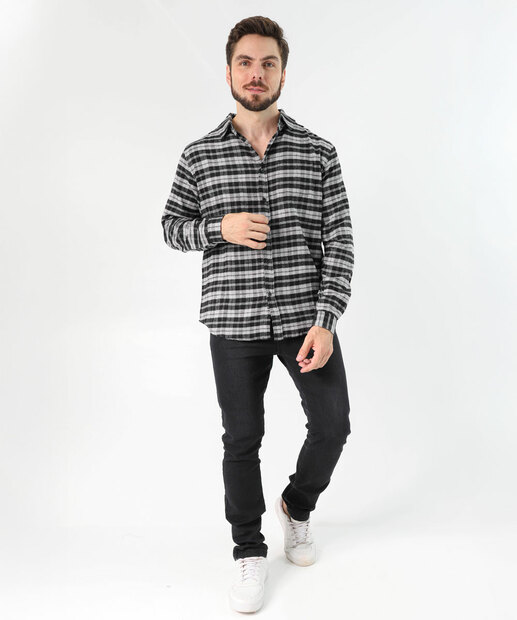 Camisa Masculina Xadrez Manga Longa Marisa Cinza