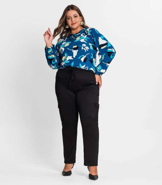 Blusa Estampada Manga Longa Plus Size Secret Glam Azul